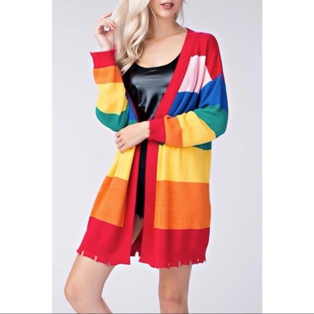 Honey Punch Colorful Rainbow Open Front Cardigan Distressed Hems Size Large
